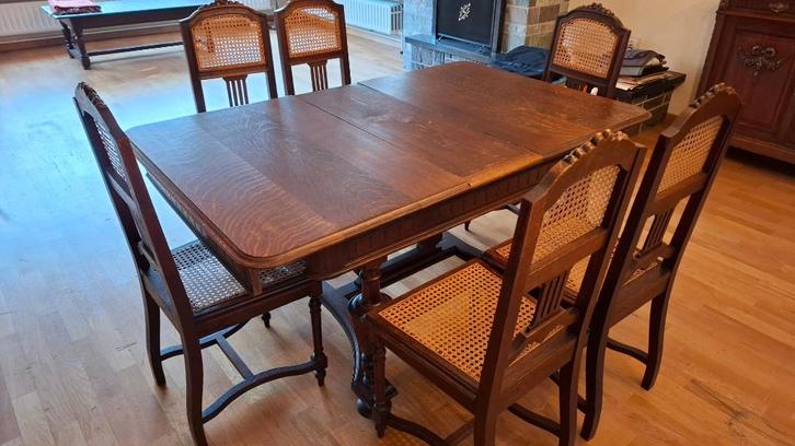 Antieke Eiken Eettafel met 6 stoelen, Huis en Inrichting, Tafels | Eettafels, Gebruikt, 50 tot 100 cm, 150 tot 200 cm, Vijf personen of meer