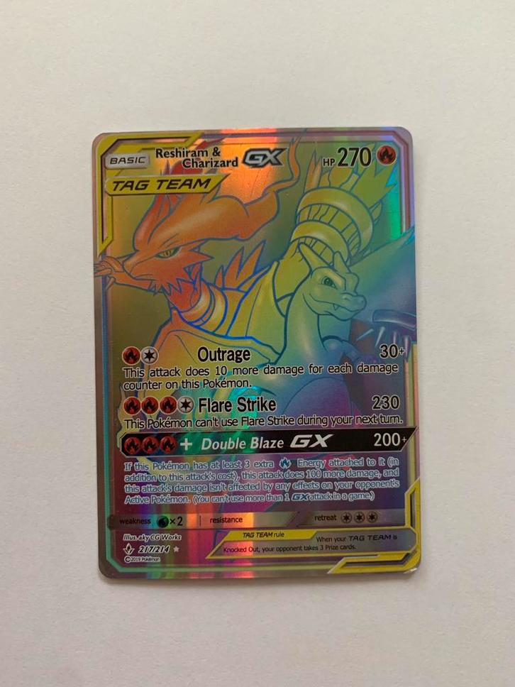 Pokémon kaart Reshiram & Charizard GX 217/214 – Rainbow Rare, Hobby en Vrije tijd, Verzamelkaartspellen | Pokémon, Zo goed als nieuw