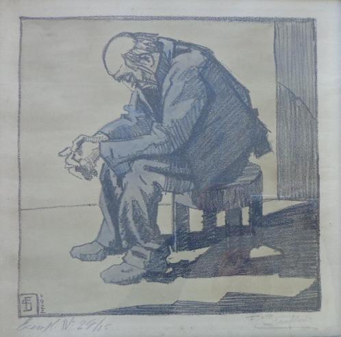 FERNAND SCOUFLAIRE / ZITTENDE MAN / KLEURLITHO / 37x37cm KAD, Antiquités & Art, Art | Eaux-fortes & Gravures, Enlèvement ou Envoi