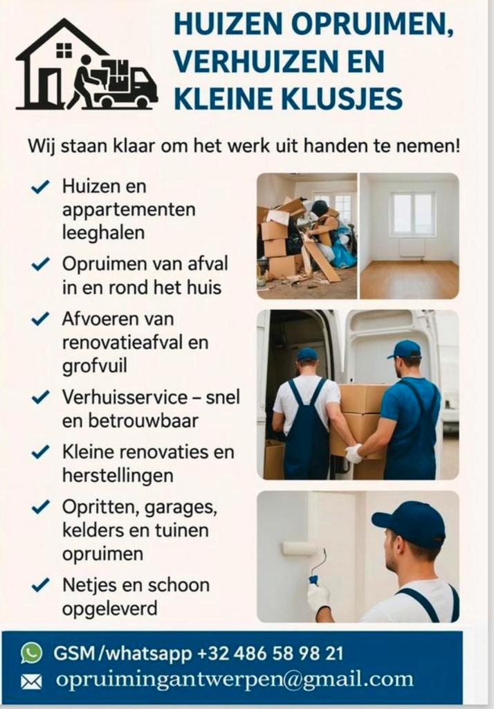 Huizen opruimen, verhuizen en kleine klusjes, Immo, Huizen en Appartementen te koop