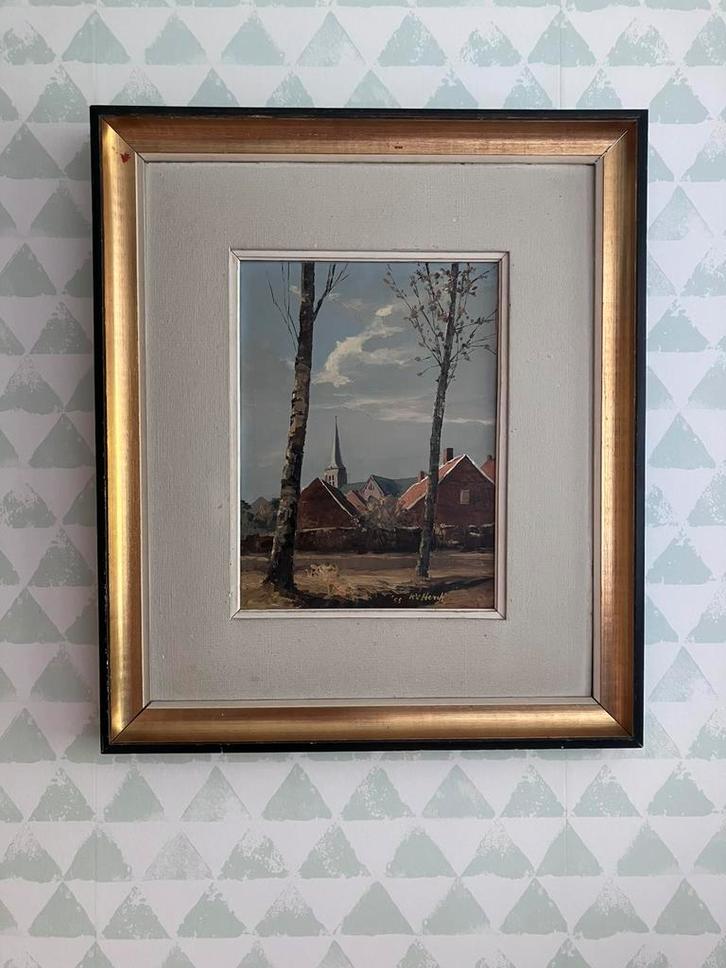 Karel Van Herck - dorpszicht Retie, Antiek en Kunst, Kunst | Schilderijen | Klassiek, Ophalen of Verzenden