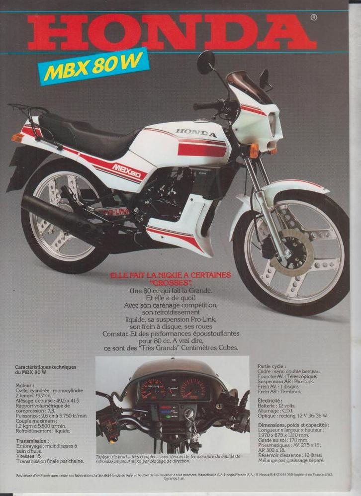 1983 Cyclomoteurs Honda MBX80W MTX80S brochure publicitaire, Boeken, Motoren, Gelezen, Verzenden