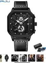 Montre neuve CRRJU chronomètres bracelet cuir, Leer, Staal, Polshorloge, Nieuw