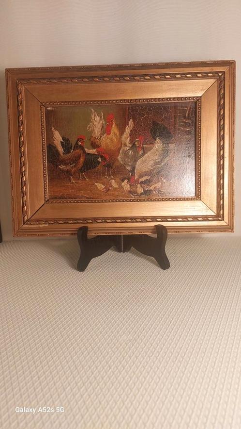 Haan kippen en kuikens ., Antiek en Kunst, Kunst | Schilderijen | Klassiek, Ophalen of Verzenden