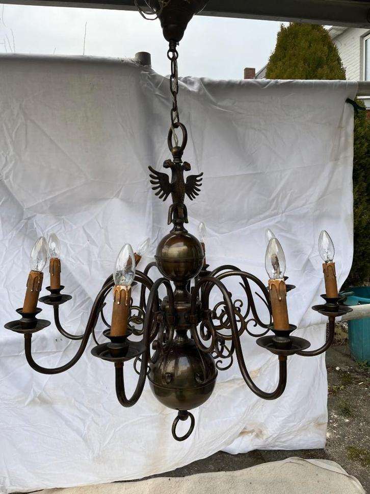 Antieke Vlaamse dubbele kroonluchter, Huis en Inrichting, Lampen | Kroonluchters, Gebruikt, Ophalen