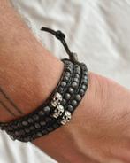 RARE bracelet pierres naturelles cuir argent SKULL, Ophalen, Met edelsteen, Zwart, Leer