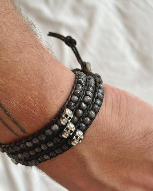 RARE bracelet pierres naturelles cuir argent SKULL, Handtassen en Accessoires, Armbanden, Zo goed als nieuw, Leer, Zwart, Met bedels of kralen