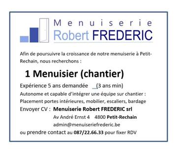 Engagons Menuisier Chantier, en CDI sur Vervier