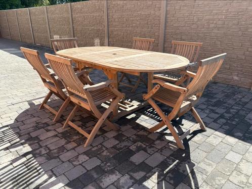 Teakhout tuinset – Uitschuifbare tafel + 6 stoelen, Tuin en Terras, Tuinsets en Loungesets, Tuinset, Ophalen