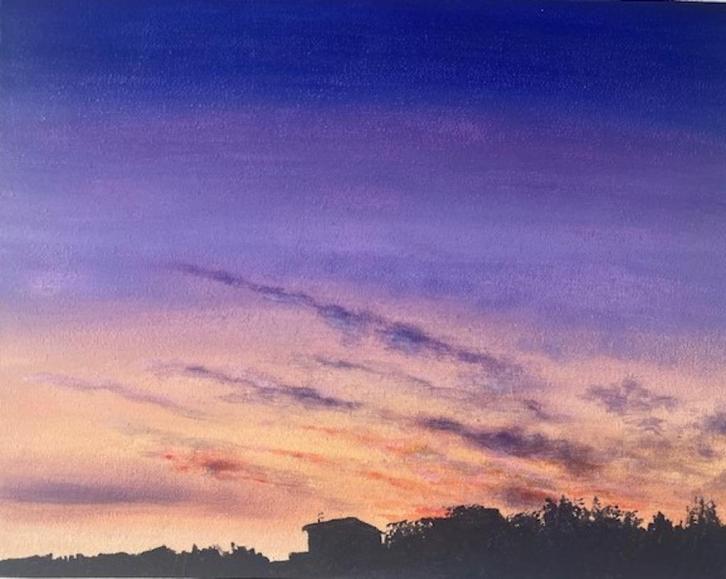 "A Purple Sunset" (acrylic painting by Kuijken, 24x30 cm), Antiek en Kunst, Kunst | Schilderijen | Modern, Ophalen of Verzenden