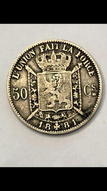Munt zilver België 50 cent Leopold II jaartal 1881 zeldzaam  beschikbaar voor biedingen