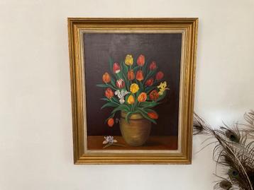 Schilderij stilleven tulpen in pot beschikbaar voor biedingen