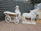 Groot tuinbeeld paard met kar – massief gietsteen, Ophalen, Beton