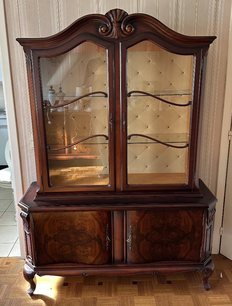 Vaisselier et vitrine acajou massif et ronce d'acajou, 25 à 50 cm, Style Louis Philippe / Art Déco belge, 100 à 150 cm, Utilisé