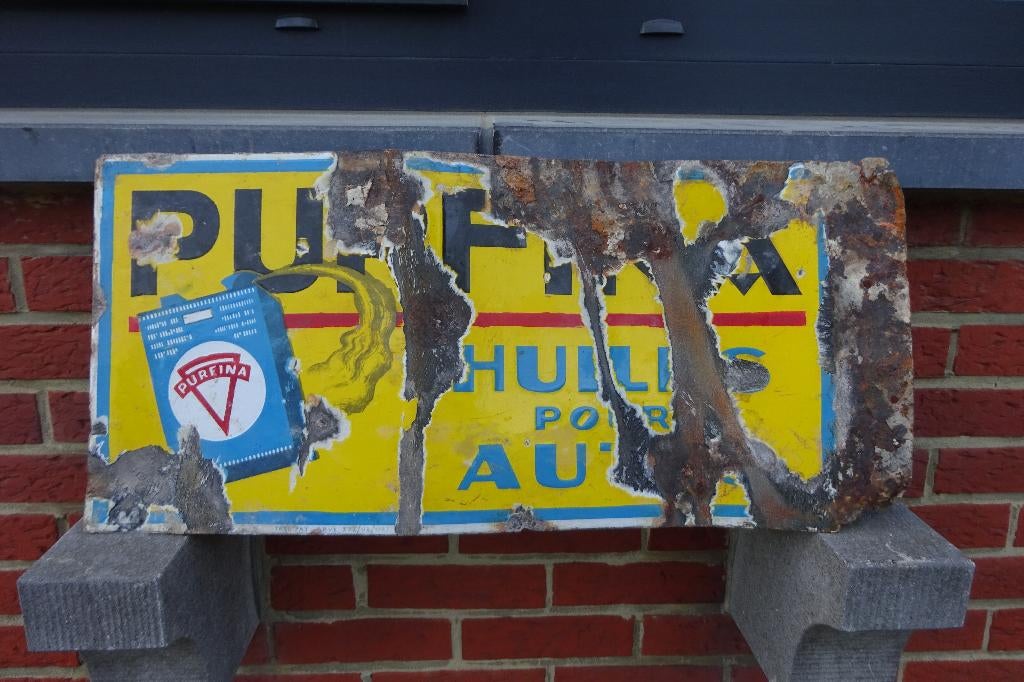 Plaque émaillée Purfina 1927 double face en l'état, Collections, Enlèvement, Utilisé, Panneau publicitaire