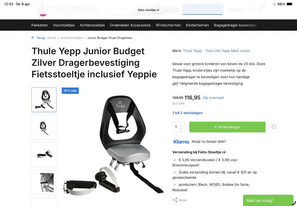 Fietsstoeltje, Achterzitje, Voetsteuntjes, Yepp, 22 t/m 36 kg