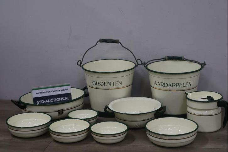 Vintage emaillen emmers, kommen en melkkoker - Jaren '60, Antiek en Kunst, Antiek | Keukengerei, Ophalen of Verzenden
