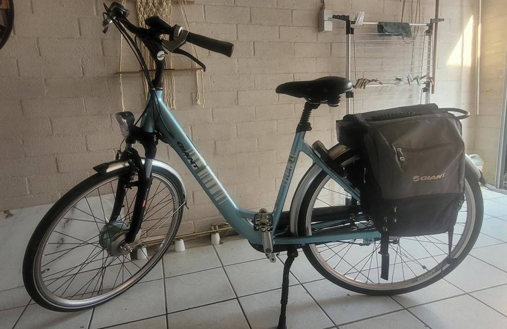 Eletrische fiets, met 2 fietstassen, opberghoes 2 batterijen, Ophalen, Zo goed als nieuw, 30 tot 50 km per accu, Giant
