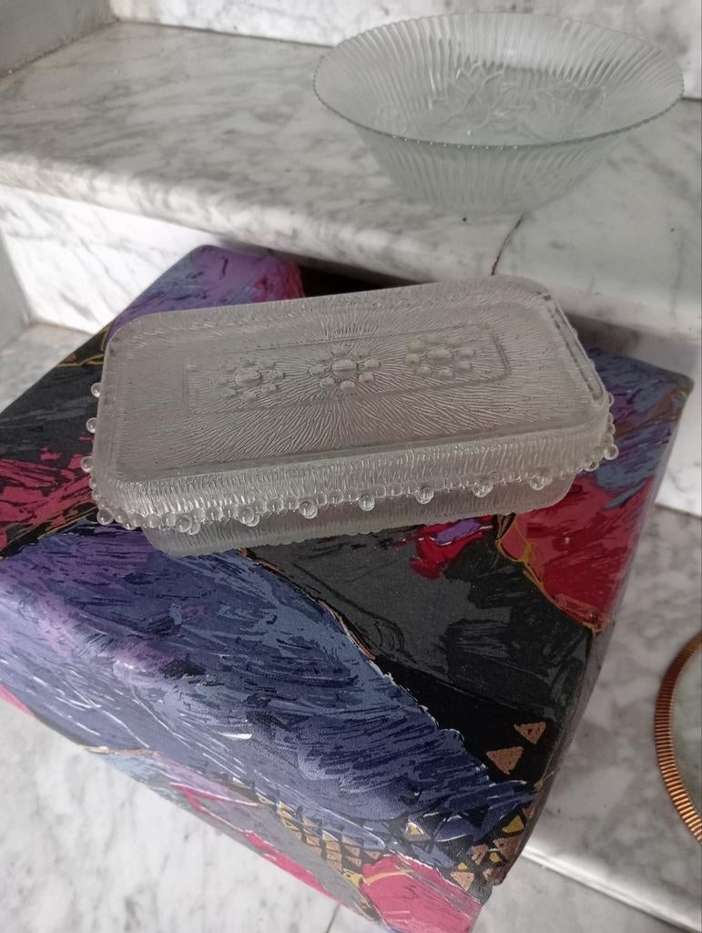 Antiek glazen boterpot met deksel, Ophalen of Verzenden