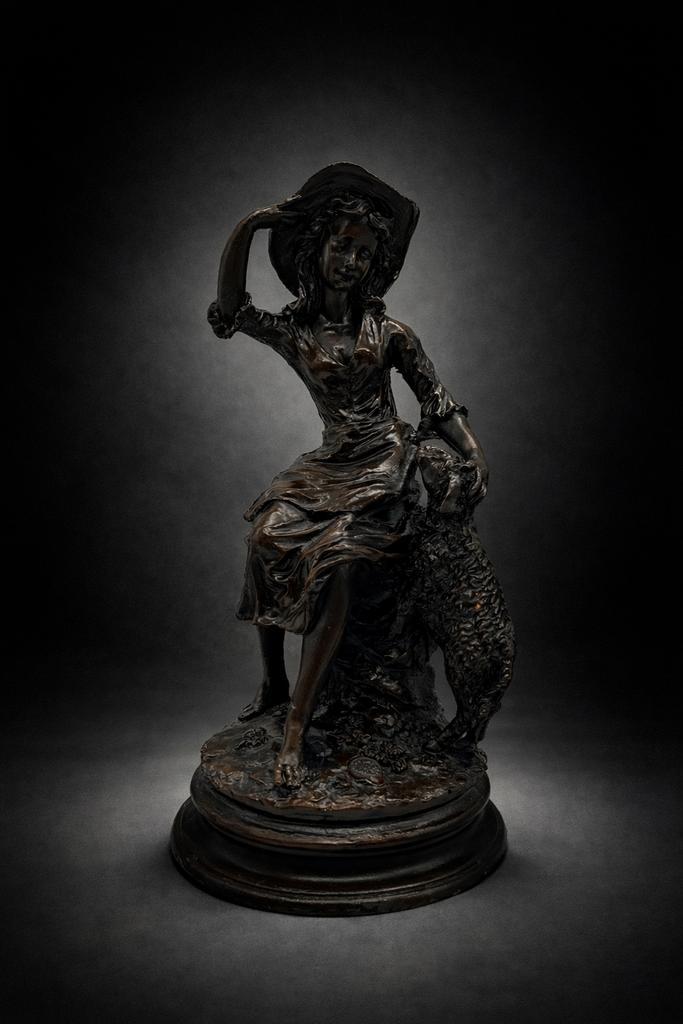 Sculpture ancienne Bergère au mouton régule patiné signée, Antiquités & Art, Antiquités | Bronze & Cuivre, Bronze, Enlèvement ou Envoi