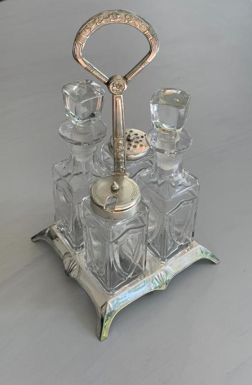 Antiek olie/azijnstel op zilveren drager, Antiek en Kunst, Antiek | Servies los, Ophalen of Verzenden