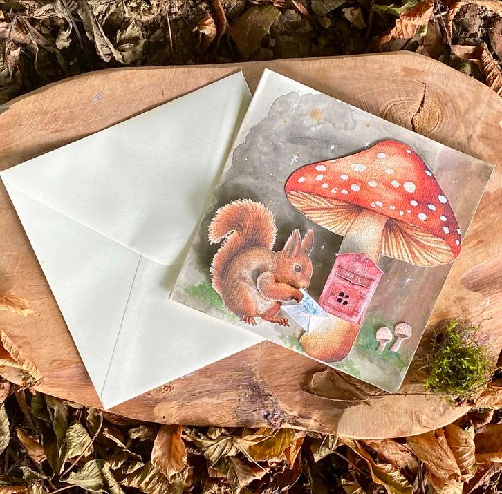 Eekhoorntje met bospost – Handgemaakte 3D-wenskaart, Diversen, Wenskaarten, Nieuw, Ophalen of Verzenden