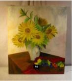 Mooi Oud Geschilderd Werk 'Zonnebloemen en Fruit' - 61x51, Antiek en Kunst, Kunst | Schilderijen | Klassiek, Ophalen of Verzenden