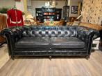 Stoere Chesterfield 3 Zits bank Vintage Zwart leer Black, Ophalen of Verzenden