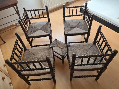 Authentieke antieke bobbin-hoekstoelen (set 4 + krukje) – wa, Antiek en Kunst, Antiek | Meubels | Stoelen en Sofa's, Ophalen