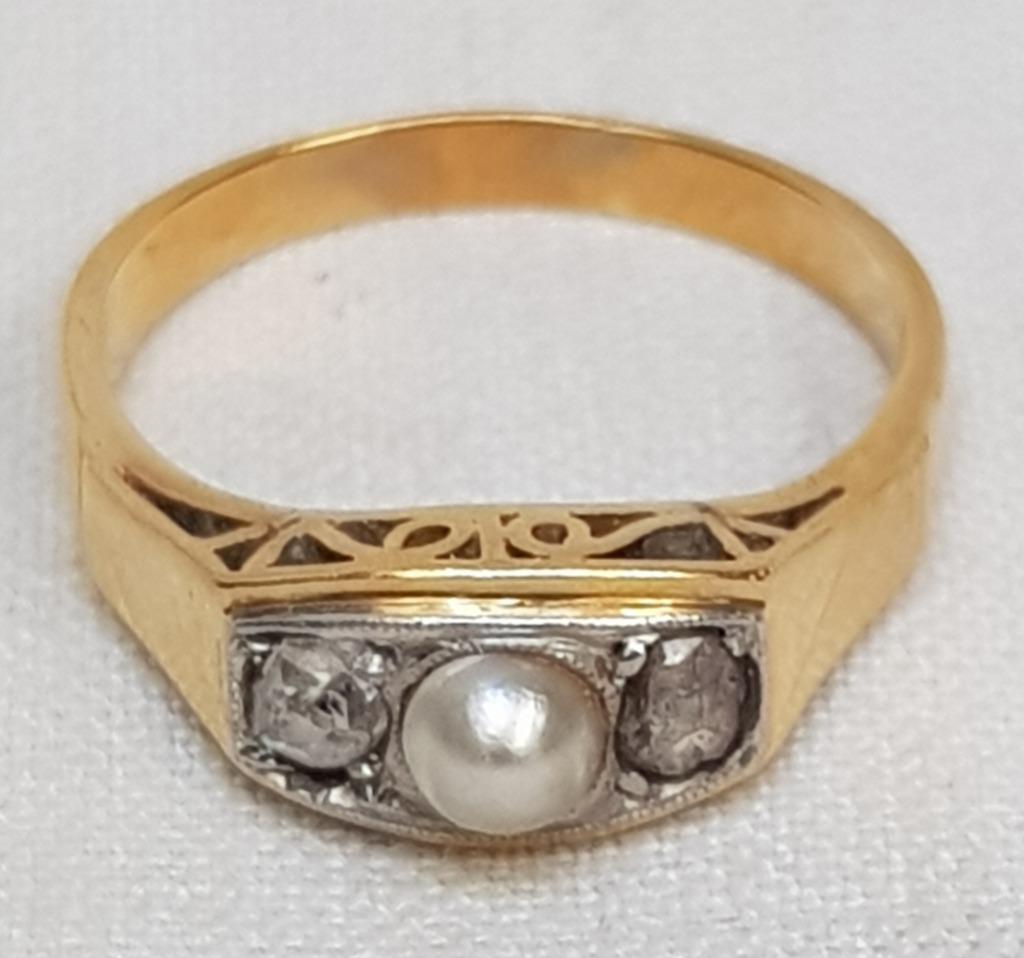 Bague vintage en diamant et perles de 18 carats., Enlèvement ou Envoi, Or, Bague, Avec pierre précieuse