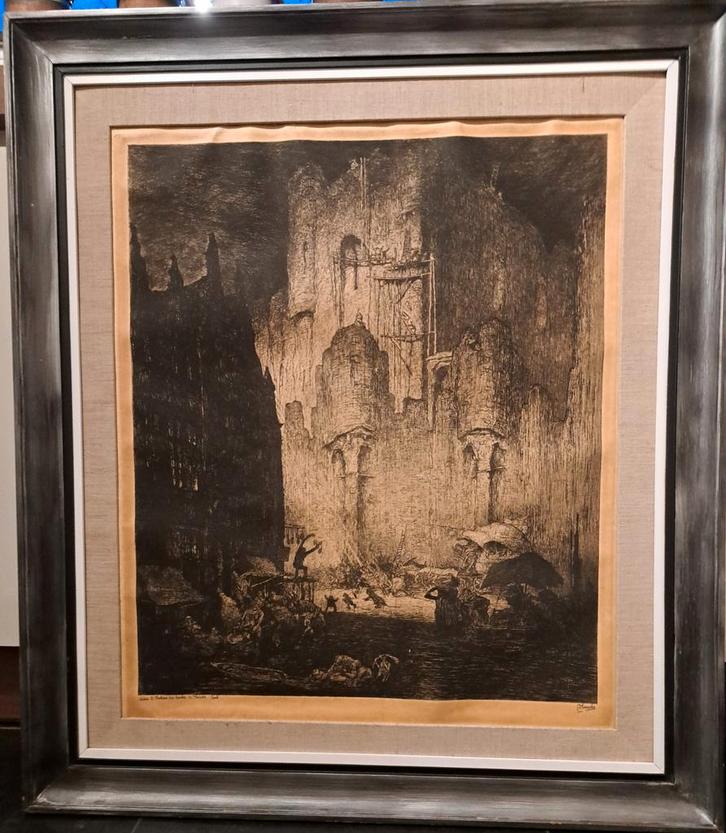 DE BRUYCKER Jules "Rondom het Gravensteen Gent" ets, Antiek en Kunst, Kunst | Etsen en Gravures, Ophalen