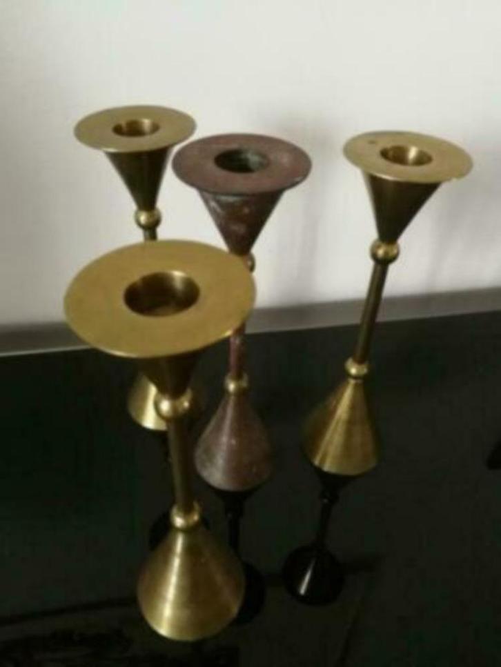 4 bougeoirs Vintage 3 laiton +1 Aqua kandelaar, Antiek en Kunst, Antiek | Kandelaars, Koper of Brons, Ophalen