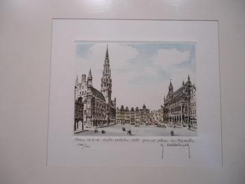 R. HEBBELINCK grote markt Brussel BXL ets color etching  beschikbaar voor biedingen