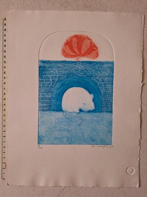 Kleurrijke ets Jan Campfens "Leuke muis" uit 1978, Antiek en Kunst, Kunst | Etsen en Gravures, Ophalen of Verzenden