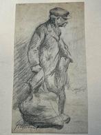 Emile Thysebaert houtskool potlood tekening, wachtende boer, Antiquités & Art, Art | Peinture | Classique, Enlèvement ou Envoi