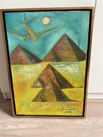 Schilderij met piramides en vliegtuig, Antiek en Kunst, Kunst | Schilderijen | Abstract, Ophalen of Verzenden