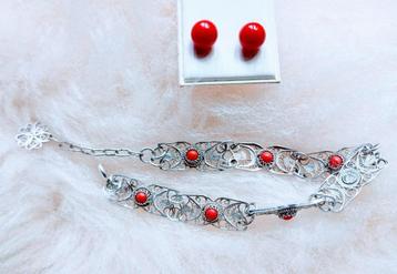 Bracelet en filigrane argenté avec corail + boucles d'oreill, Envoi, Comme neuf, Argent