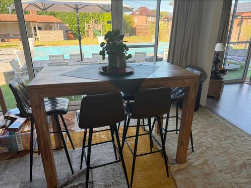 Table haute en bois massif + 6 tabourets (Maison du Monde), Huis en Inrichting, Tafels | Statafels, Zo goed als nieuw, Ophalen
