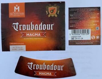 Étiquette de bière Troubadour Magma Bras Les Mousquetair 6L5, Enlèvement ou Envoi, Utilisé