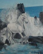 peinture à l'huile cheval au bord de la mer (25x30 cm), Antiquités & Art, Enlèvement ou Envoi