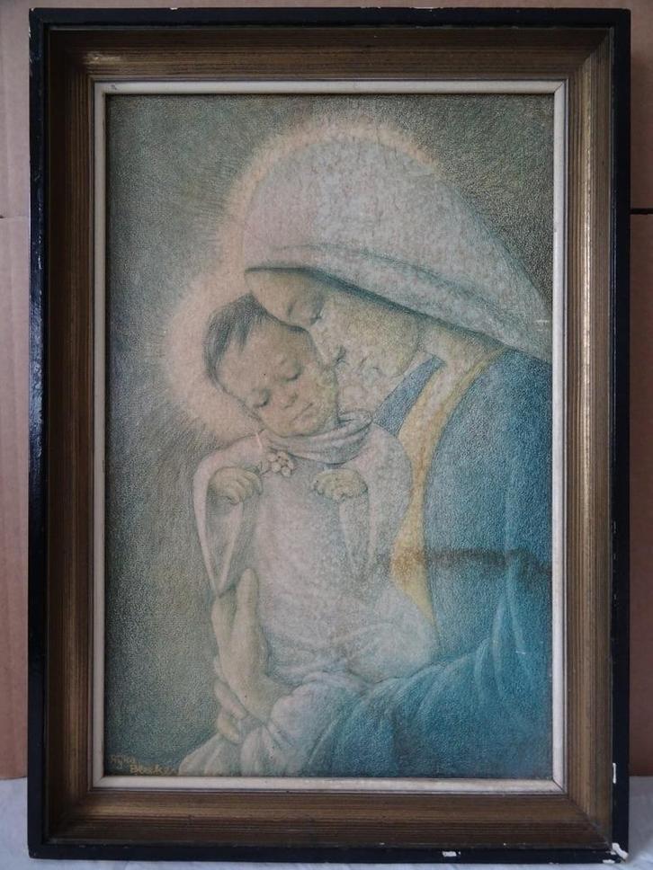 Antieke prent Maria Madonna met kind Rijka Bleeker 36x51cm, Antiek en Kunst, Antiek | Religieuze voorwerpen, Ophalen of Verzenden