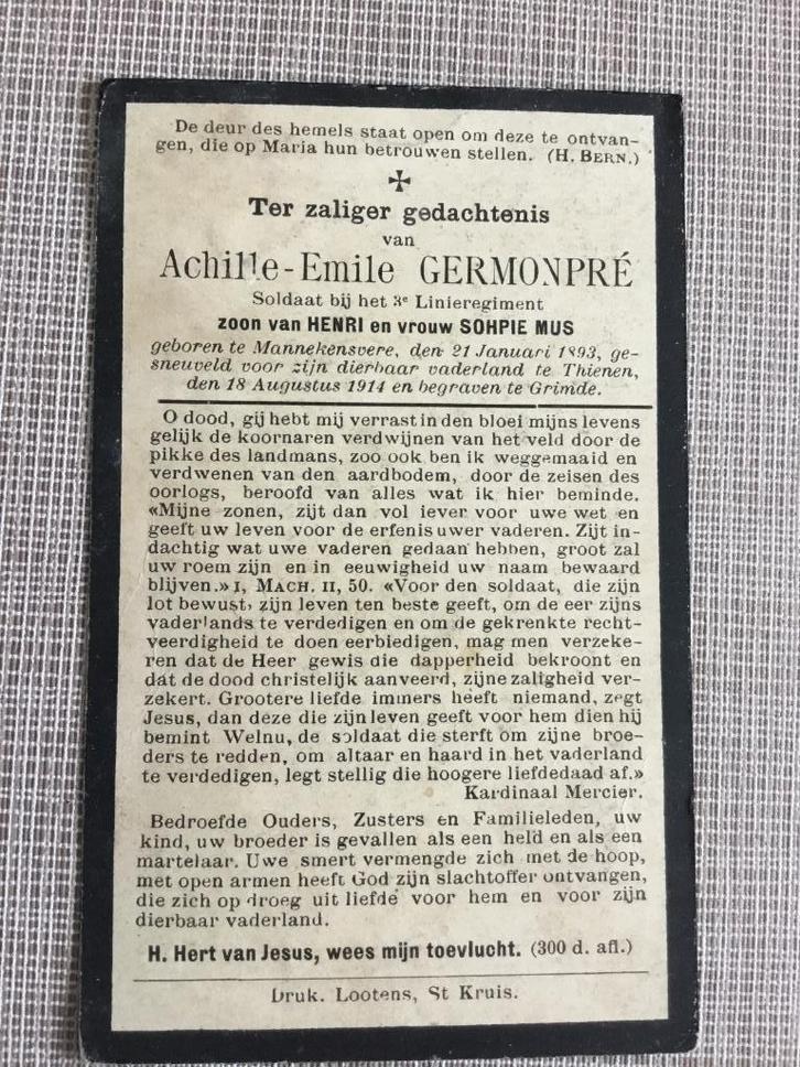 Soldaat Germonpre Mannekensvere gesneuveld Tienen 1914, Verzamelen, Bidprentjes en Rouwkaarten, Bidprentje, Verzenden
