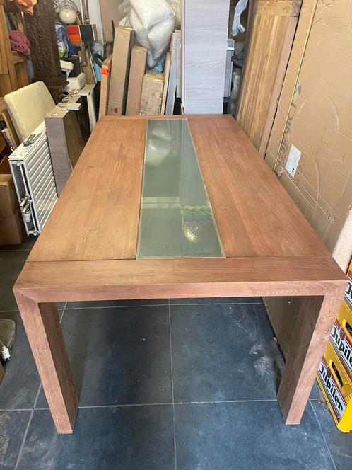 Teak teake tafel met melkglas x3, Maison & Meubles, Tables | Tables à manger, Teck, Verre, Enlèvement