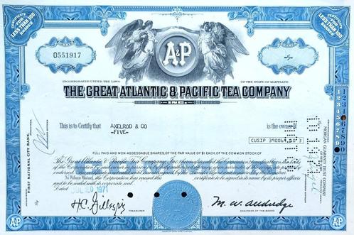 The Great Atlantic & Pacific Tea Company 1971, Postzegels en Munten, Aandelen en Waardepapieren, Certificaat van aandeel, 1970 tot heden