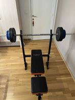Benchpress met barbell en gewichten - verstelbaar, Sport en Fitness, Ophalen, Krachtstation, Rug, Zo goed als nieuw