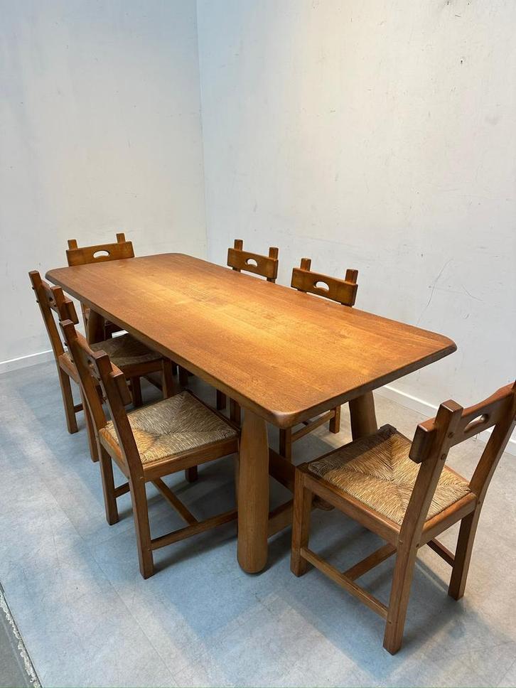 Brutalist oak dining table with 6 chairs, Huis en Inrichting, Complete eetkamers, Ophalen