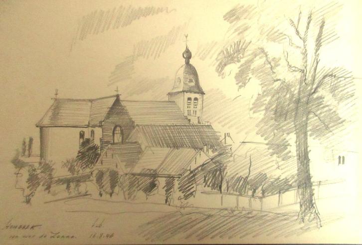 Potloodtekening Hombeek van over de Zenne - L. Boschmans, Antiek en Kunst, Kunst | Schilderijen | Klassiek, Ophalen of Verzenden