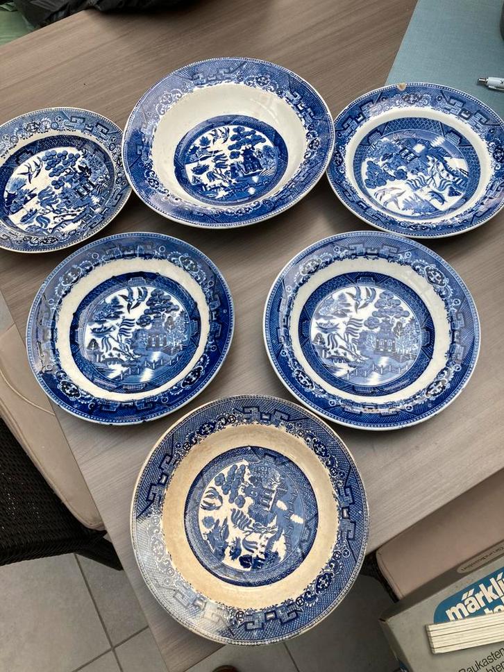 Antieke blauw-witte Willow- borden 6 stuks, Antiek en Kunst, Antiek | Porselein, Ophalen of Verzenden