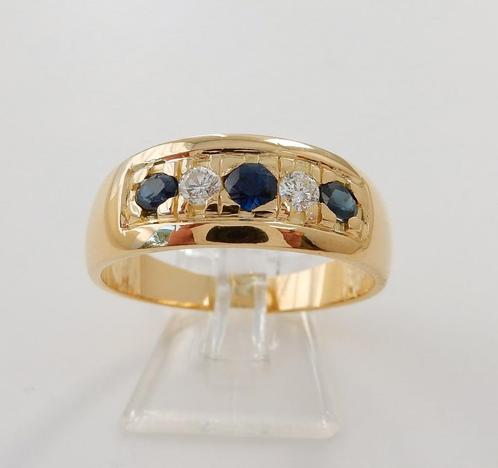 18 karaat Gouden Diamant Ring 2 Briljanten 3 Saffieren M20, Handtassen en Accessoires, Ringen, Nieuw, Dame, 20 of groter, Goud