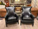 CHESTERFIELD OORFAUTEUIL 'BRISTOL' IN ZWART Vintage leer, Ophalen of Verzenden